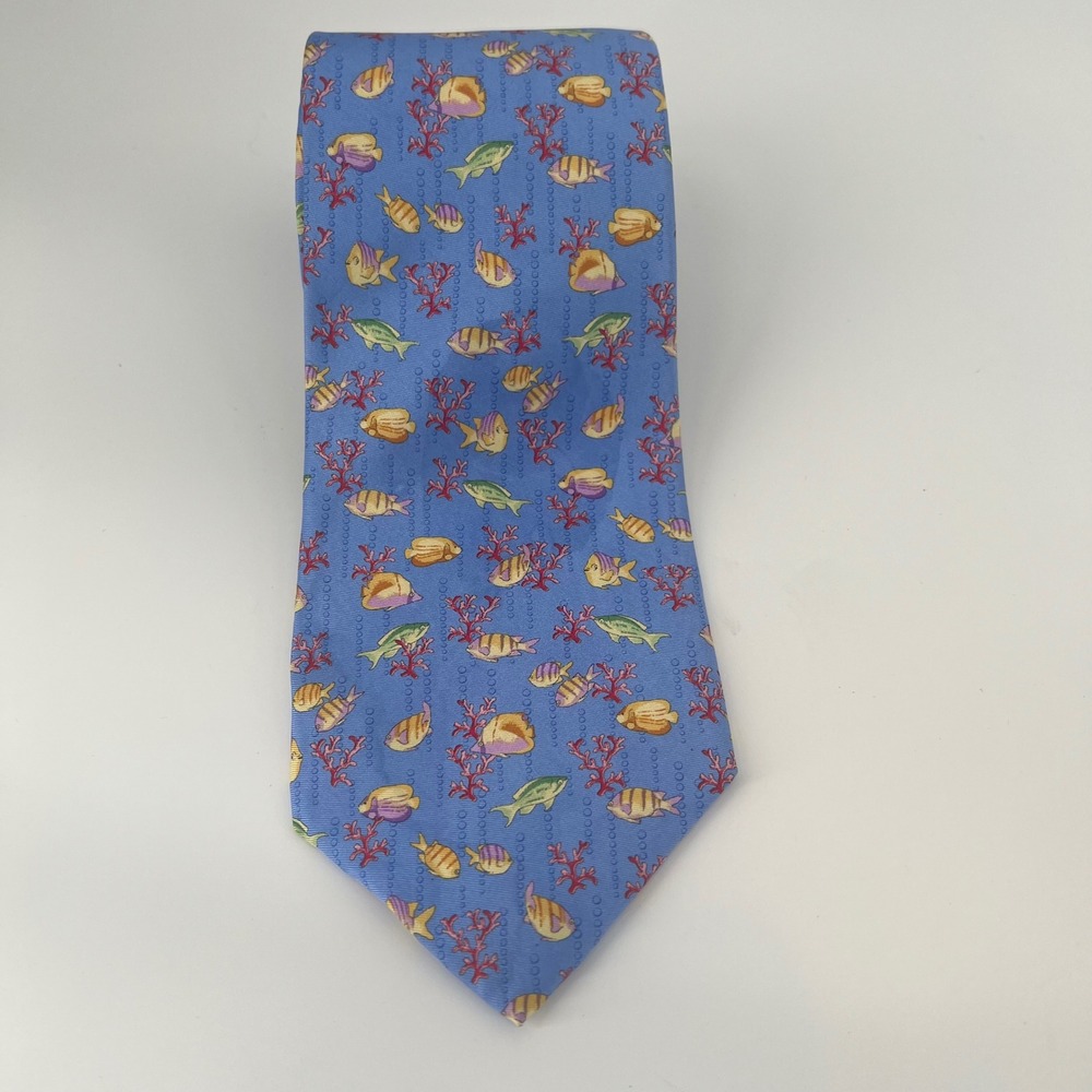 Lands End Blue Fish Coral Aquarium‎ Pattern Silk Necktie Made in USA Vintage